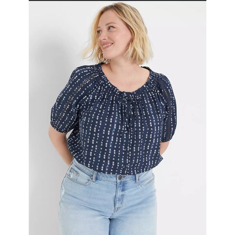 Lane Bryant Crop Button-Down Elastic-Hem Top Size 26/28 Blue Coastal 100% Cotton